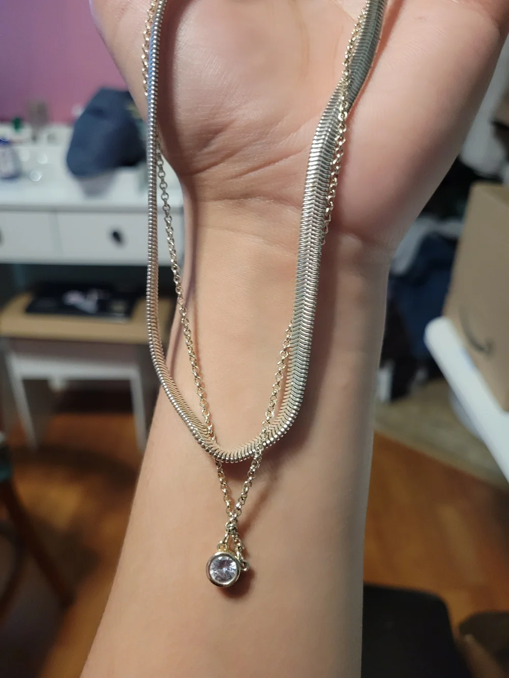 Elegant Dual-Layer Silver Necklace with Clear Pendant